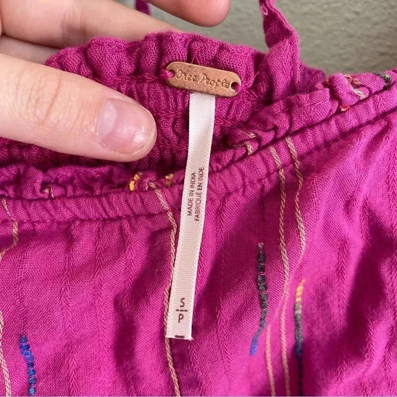 Free People Magenta Crop Top Rainbow Stitching Puff Sleeve Smocked Back Size M - Picture 7 of 12